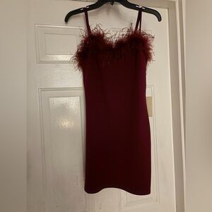 Chic Burgundy Feather-Trim Mini Dress(party dress)